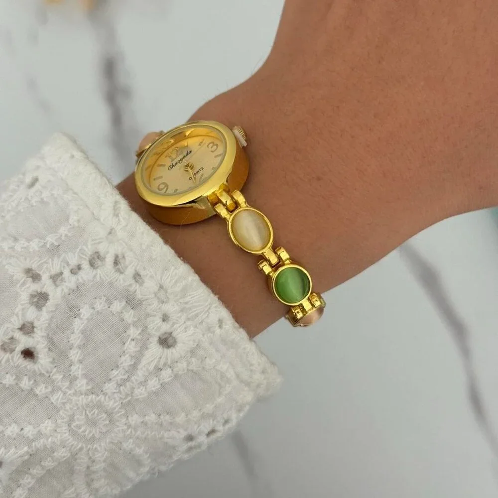 Sku:0223‎ vintage style gold mini watch with multicolored stones + in a gift box